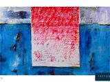 peinture abstraite représentant un tableau rouge et bleu sur lequel figurent des inscriptions