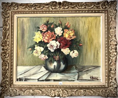 une peinture de fleurs dans un vase sur une table