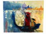 a painting of a gondola with a woman in a red dress