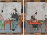 deux tableaux représentant des personnes assises à une table et jouant d'un instrument