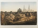 une vieille photo d'une ville avec un château en arrière-plan