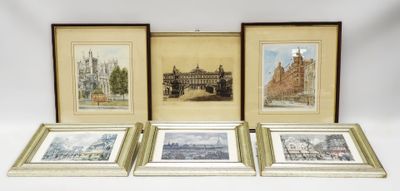 three framed pictures of buildings and a building with a clock on it