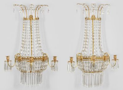pair of antique brass and crystal wall sconces