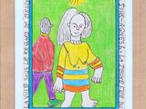 drawing of a woman walking with a man in the background