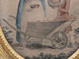 a picture of a woman pushing a wheelbarrow with a baby in it