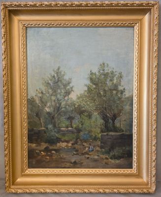 une peinture à l'huile représentant un paysage avec des arbres en arrière-plan