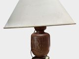 an image of a wooden lamp with a white shade on it