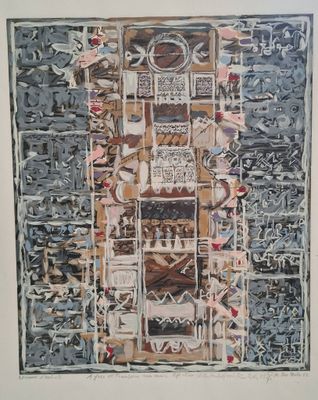 une image représentant une peinture d'une fenêtre ornée de nombreux motifs différents