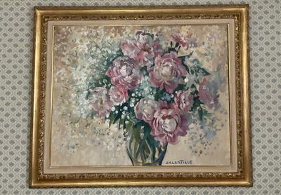 a painting of pink flowers in a vase on a wall