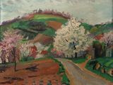 an oil painting of a country road with trees in bloom