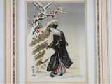 painting of a woman walking in the snow with a bird in her hand
