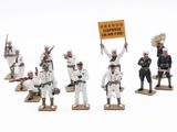 several figurines of men dressed in military uniforms holding a sign