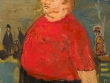 une peinture à l'huile représentant un homme en chemise rouge debout devant un groupe de personnes