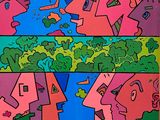 tableau représentant un groupe de personnes aux visages variés sur un fond coloré
