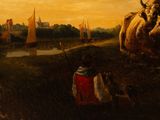 a painting of a cow standing in a field next to a man