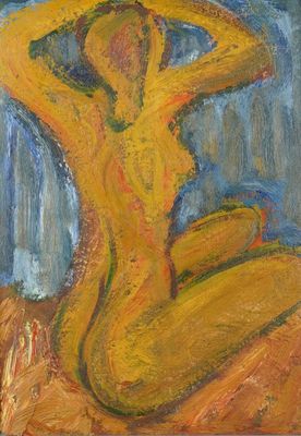 a painting of a woman sitting in a chair with her back to the camera