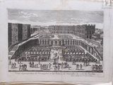 an old drawing of a large courtyard with people walking around it