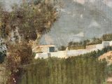 an oil painting of a view of a mountain range with a house in the distance