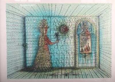 drawing of a woman in a room with a blue wall and a window