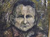 painting of a man in a leather jacket and bow tie in a frame