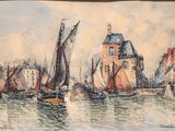 a painting of a harbor scene with boats in the water