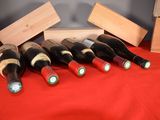 several bottles of wine are lined up on a red table cloth
