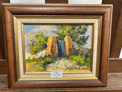 a painting of a painting of a waterfall in a wooden frame
