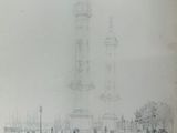 drawing of a clock tower in a city with people walking around it