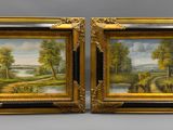 une paire de peintures à l'huile représentant un paysage champêtre