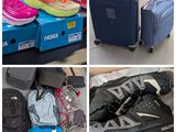 plusieurs photos montrant différents types de bagages, de chaussures et de sacs à dos