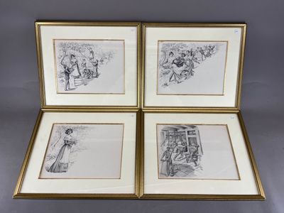 un ensemble de quatre dessins encadrés représentant des femmes et des hommes