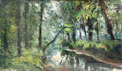 a painting of a path in the woods by the water