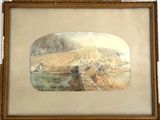 an old picture of a painting of a river with a bridge in the background