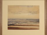 an image of a painting of a beach scene with a boat in the distance