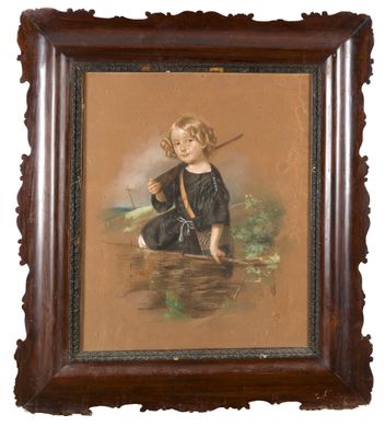 tableau représentant une jeune fille en robe noire, assise au bord d'un plan d'eau, tenant un bâton