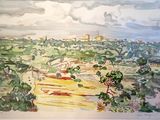 une aquarelle représentant une vue de la ville depuis une colline