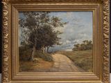 an image of a painting of a dirt road with trees in the background
