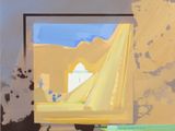 an image of a painting of a desert scene with a boat in the water