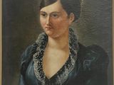 un tableau représentant une femme en robe bleue avec une tia
