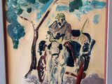 painting of a man riding a horse with a group of people around him
