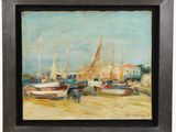 an oil painting of boats in a harbor on a sunny day