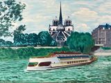 un tableau représentant un bateau sur l'eau, devant un château
