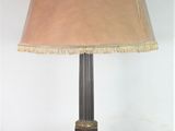 a lamp that is sitting on a table with a lamp shade on it