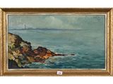 une peinture à l'huile représentant une côte rocheuse avec un phare au loin