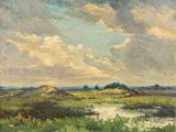 une peinture à l'huile représentant un paysage avec une rivière au premier plan
