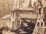 drawing of a boat in a canal with a building in the background