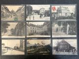 several old black and white photographs of a street and buildings
