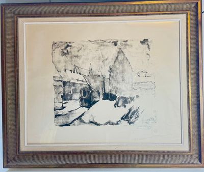 Lithographie en noir et blanc représentant une scène urbaine…