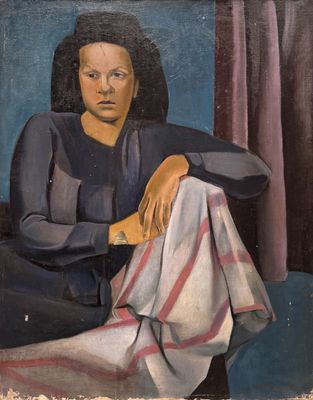 tableau représentant une femme assise sur un canapé, recouverte d'une couverture