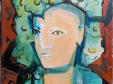painting of a woman in a blue dress with flowers in her hair
